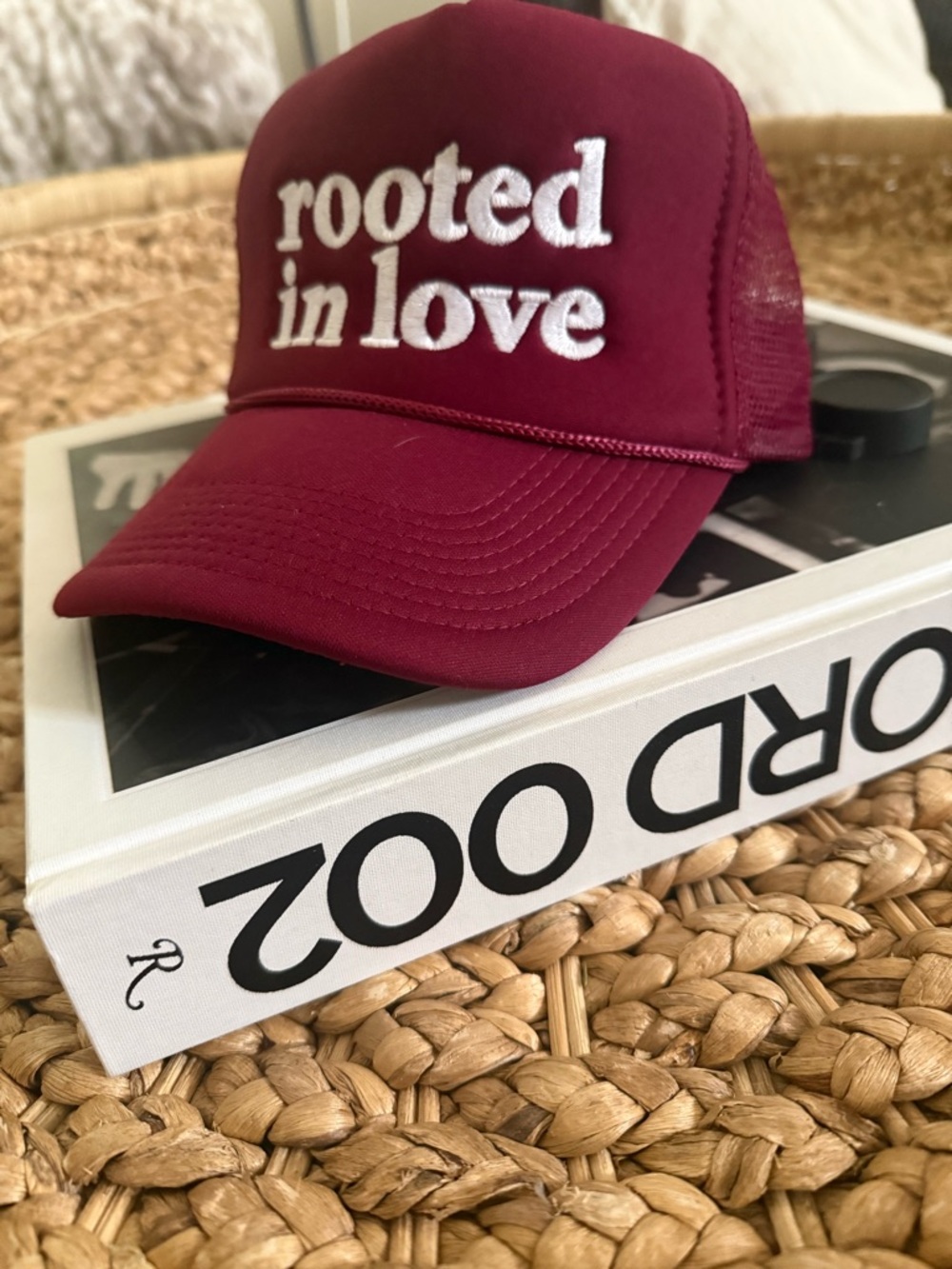 Rooted In Love Embroidered Trucker Hat - Burgundy
